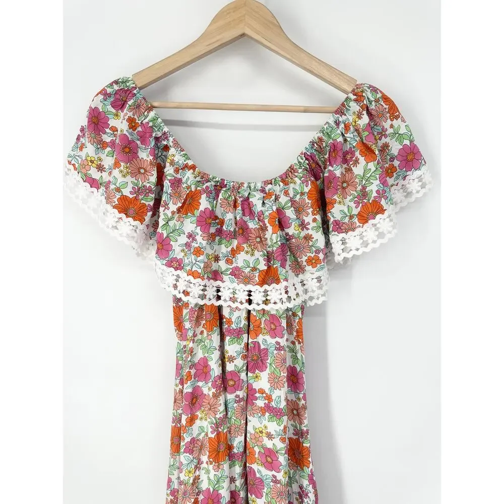 Miss June Rayan Off The Shoulder Floral Lace Ruffle Maxi Midi Dress Boho Pink - Picture 9 of 12